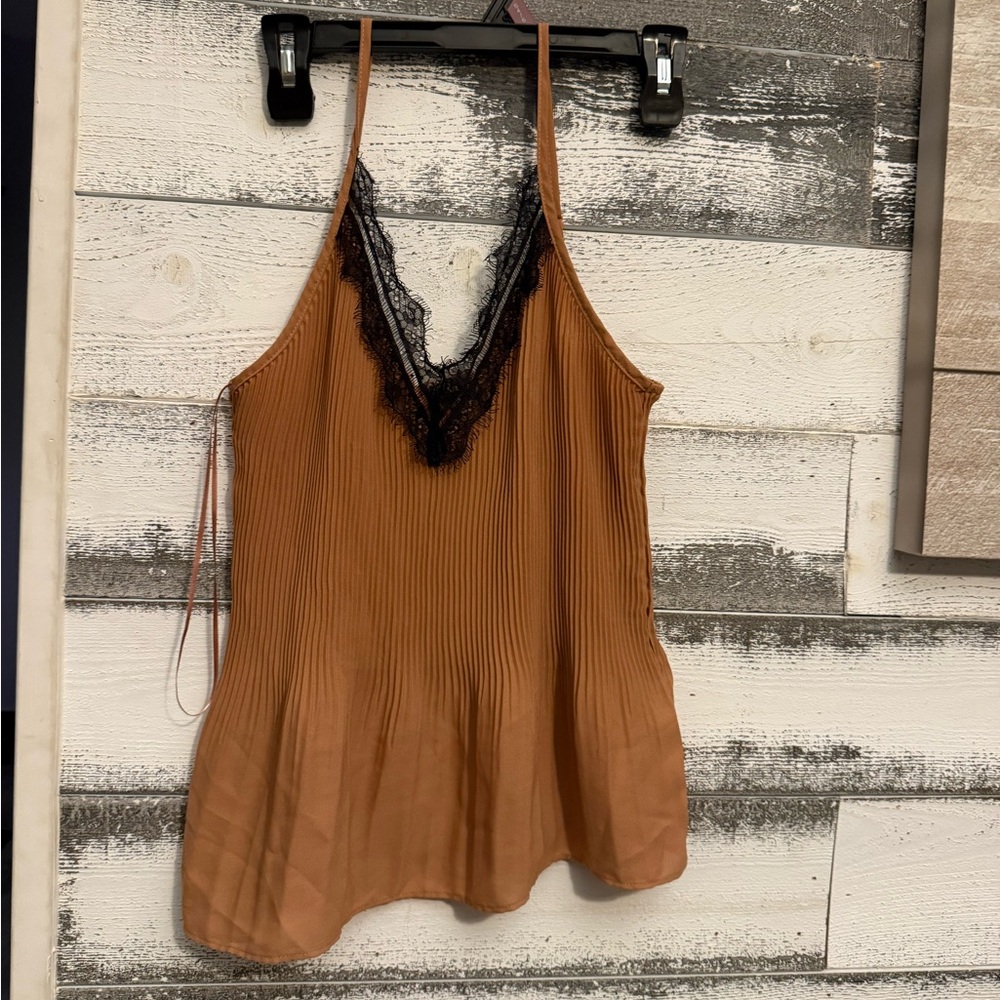 Primark Tan Halter Top with Black Lace Detail